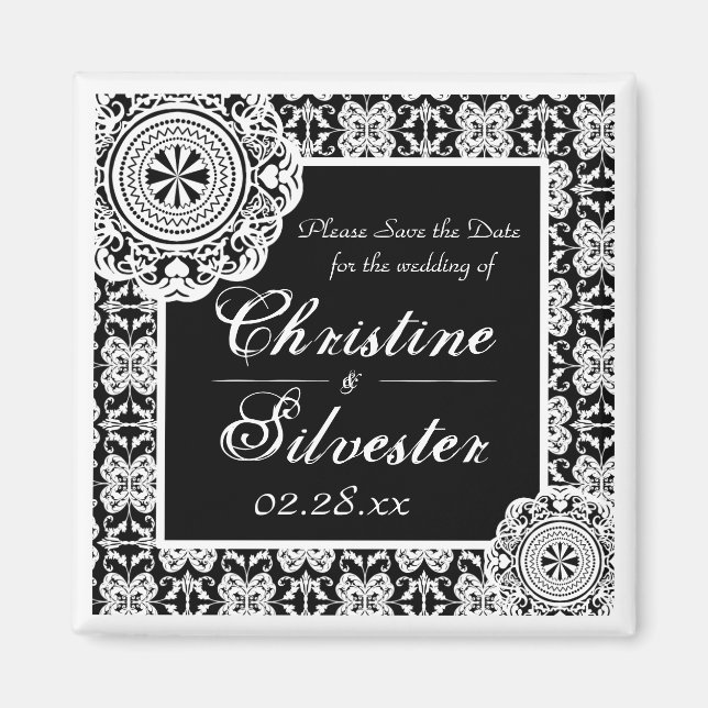 Arabesque White Lace, square save the date Magnet (Front)
