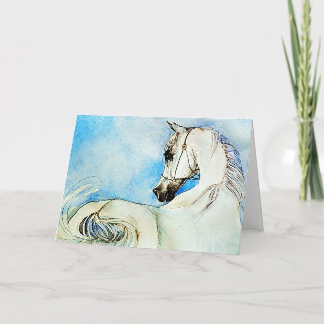 Arabian Horse Portrait In Blue Blank Greeting Card (Front)