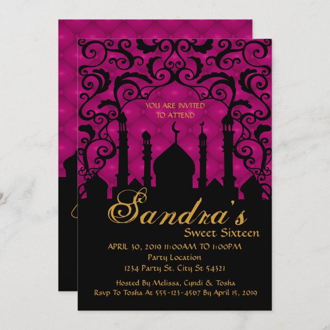 Arabian Nights, Fuchsia and Black Invitation (Front/Back)