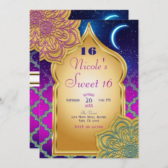 Arabian Nights Glam Gold Purple Birthday Party Invitation (Front/Back)