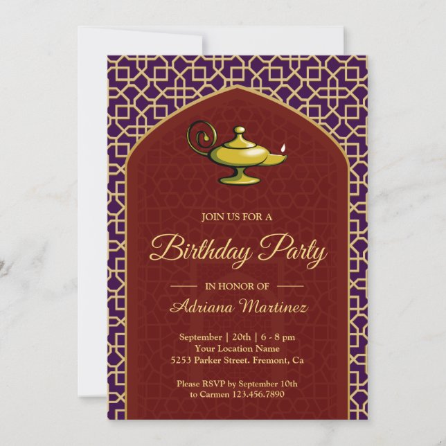 Arabian Nights Magic Lamp Purple Red Birthday Invitation (Front)
