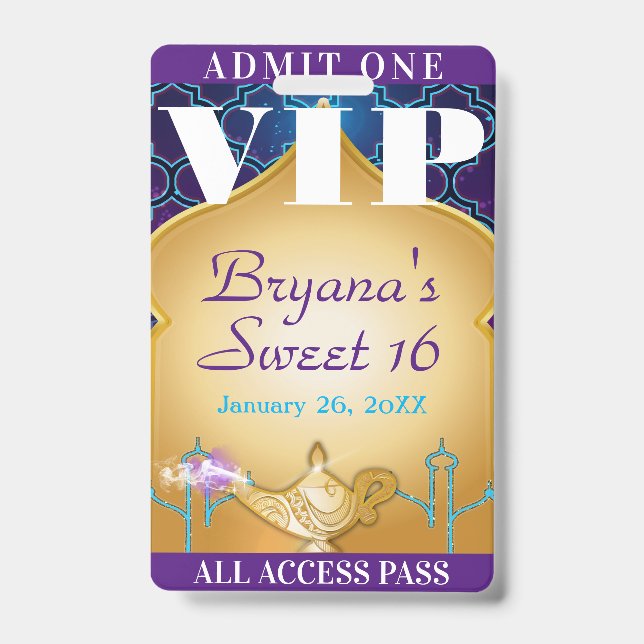 Arabian Nights Moroccan Party Sweet 16 VIP Pass ID Badge (Front)