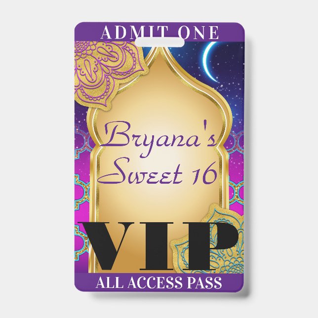 Arabian Nights Moroccan Party Sweet 16 VIP Pass ID Badge (Front)