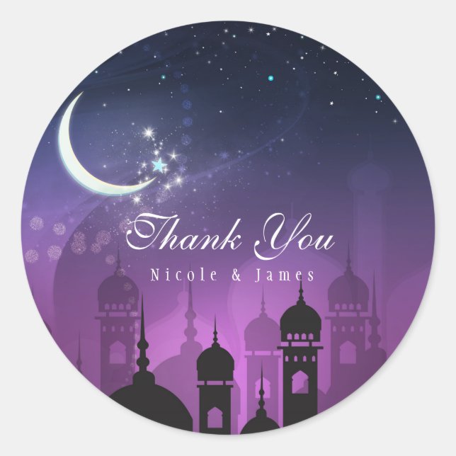 Arabian Nights Moroccan Purple Moonlight Classic Round Sticker (Front)