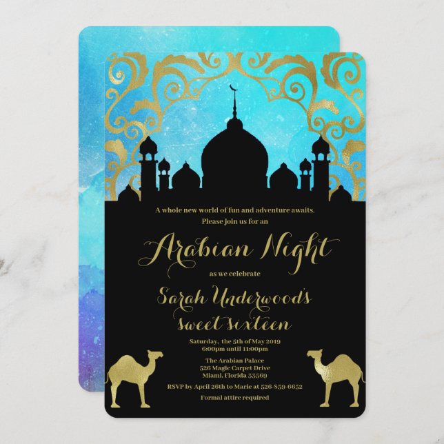 Arabian Nights Teal and Gold Birthday Invitation (Front/Back)