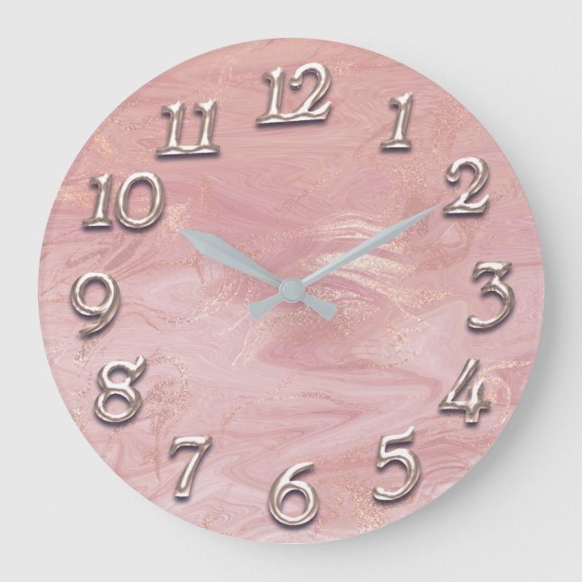 Arabian Numbers Rose Gold Metallic Marble Pink Large Clock (Front)