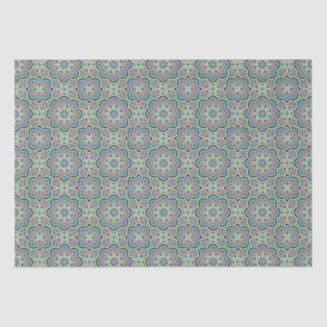 Arabic Boho Elegant Geometric Moroccan Blue Green Tissue Paper (Front)