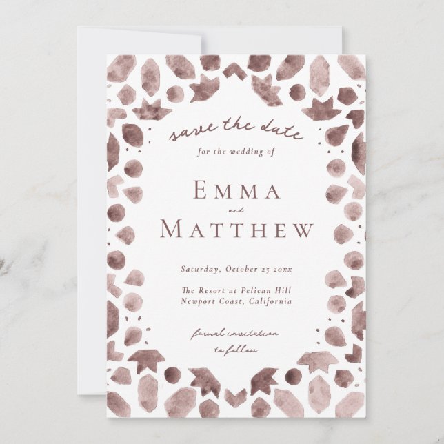 Arabic Brown Tile Pattern with QR Save The Date (Front)