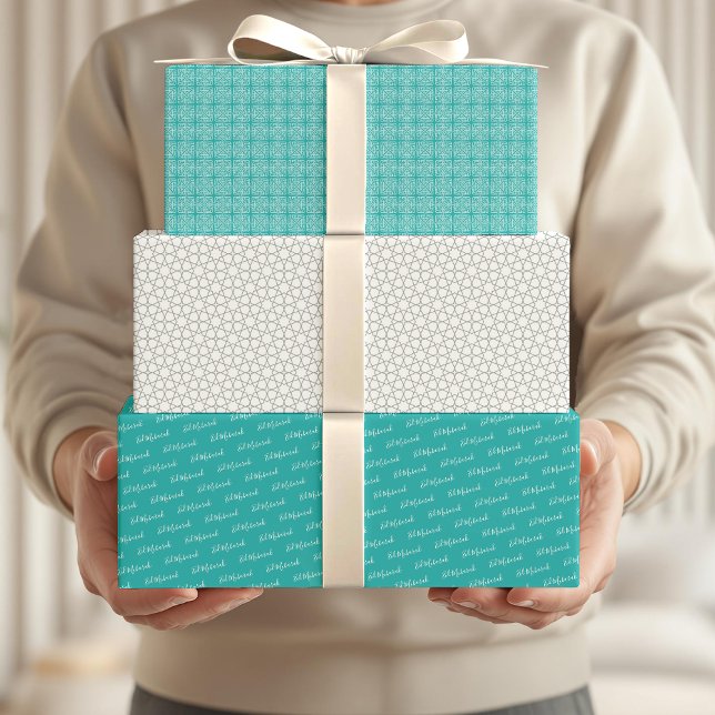 Arabic Eid Mubarak Cute Teal Star Pattern Quote Wrapping Paper Sheet (Creator Uploaded)