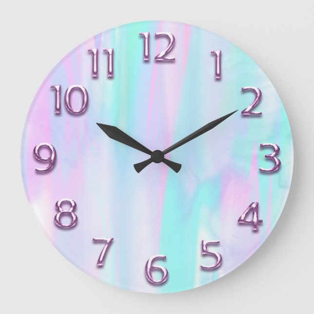 Arabic Number Pink Holograph Blue Pastel Large Clock (Front)