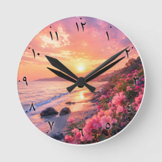 Arabic Numerals Sunset Beach Wall Clock | Floral C