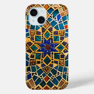 Arabic pattern in beige and turquoise blue iPhone 15 case