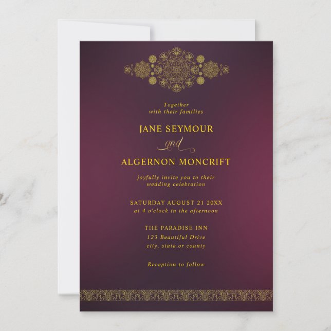Arabic-style wedding invitation in gold and maroon (Front)
