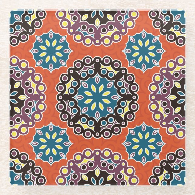 Arabic tile, vintage patchwork pattern. glass coaster (Front)