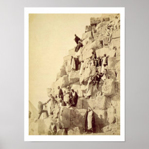 Arabs assisting tourists to climb the pyramids at poster