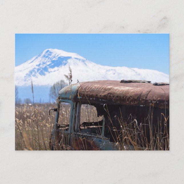 Ararat mountain and rusty bus postcard (Front)
