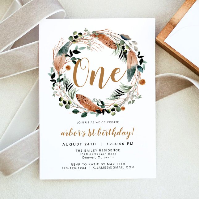 Arbor - Bohemian Feather Greenery Wreath Birthday Invitation (Creator Uploaded)