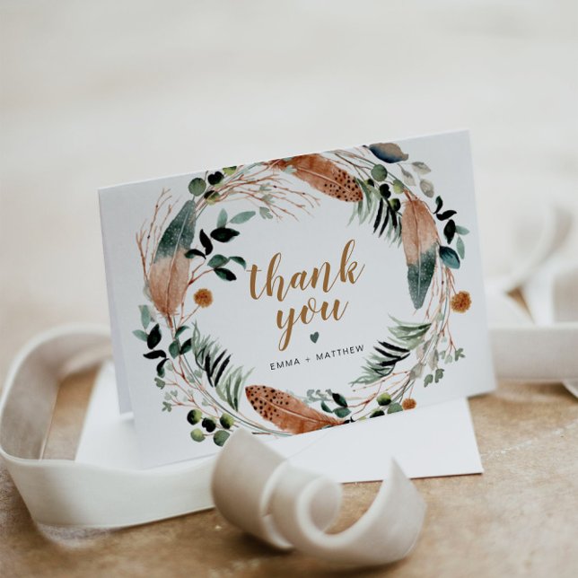 ARBOR Bohemian Feather Greenery Wreath Boho Thank You Card (Creator Uploaded)