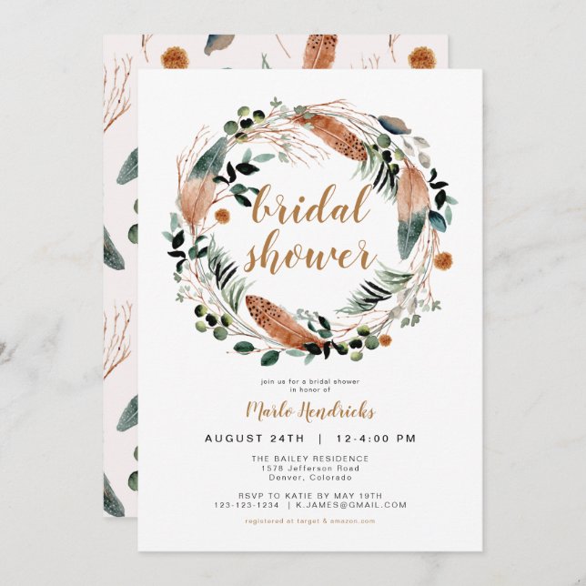 Arbor - Bohemian Feather Greenery Wreath Bridal Invitation (Front/Back)