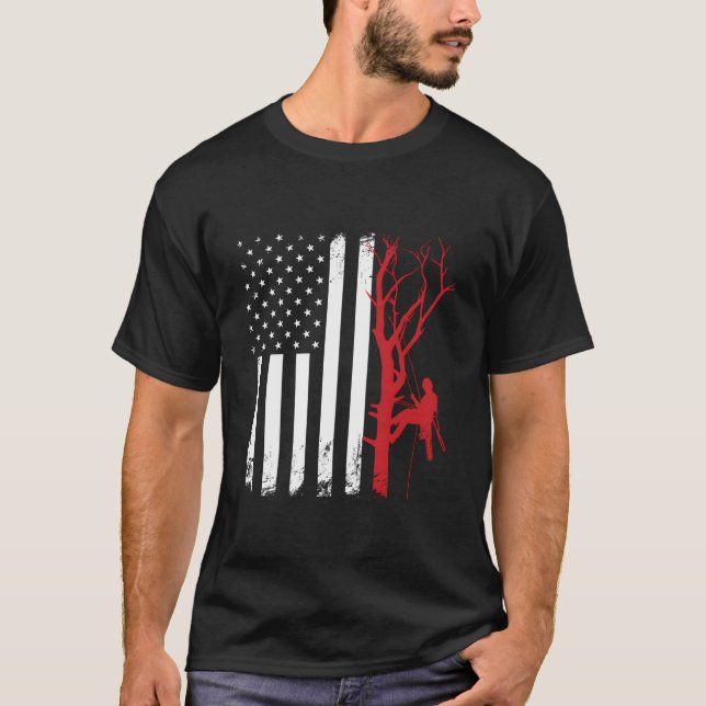 Arborist American Flag America Tree Surgeon T-Shirt (Front)