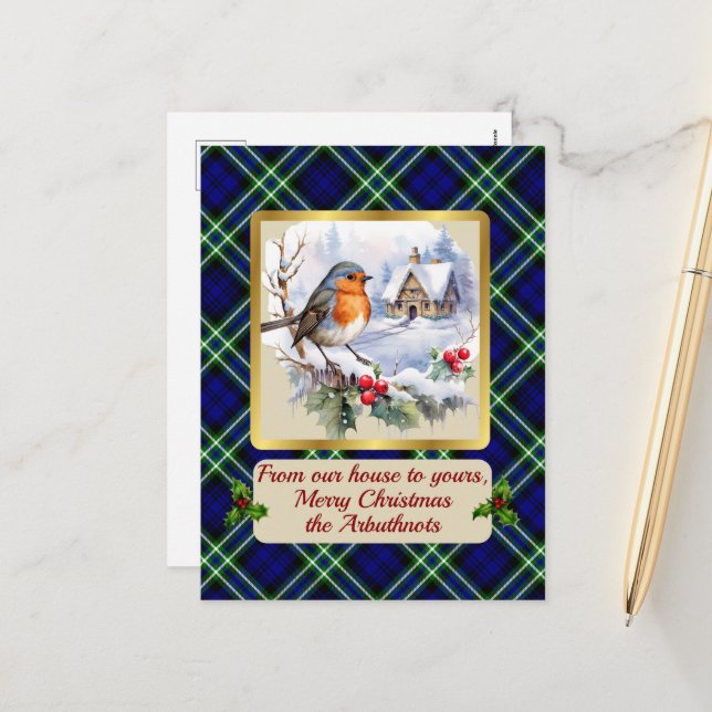 Arbuthnot Crest & Tartan w/Robin Personalised  Holiday Postcard (Front/Back In Situ)