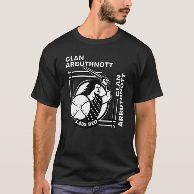 Arbuthnott Clan Gaelic Motto Swordsman T-Shirt (Front)