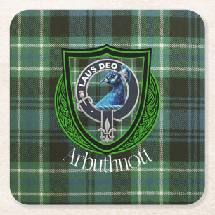 Arbuthnott Scottish Clan Tartan and Crest Square Paper Coaster