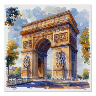 Arc de Triomphe Watercolor Travel Landmarks France Poster