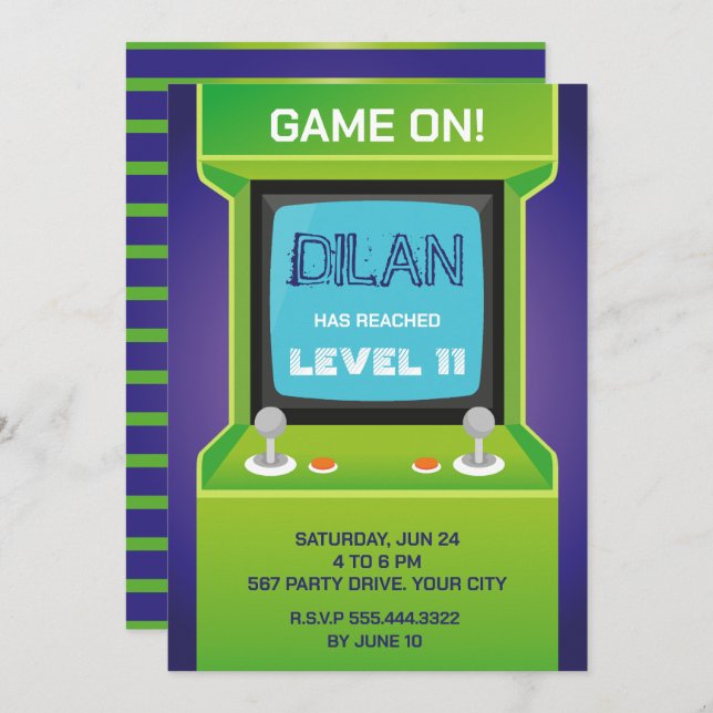 Arcade birthday, gamer birthday invitation, green invitation (Front/Back)