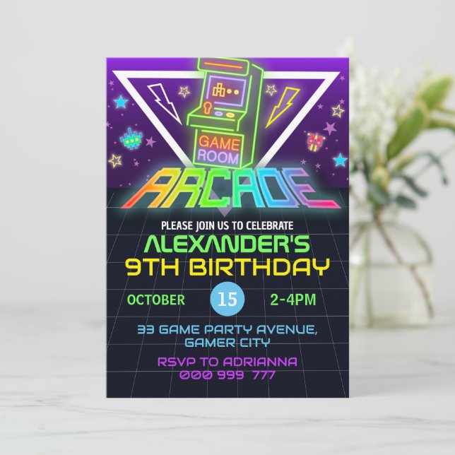 Arcade Birthday Gamer Neon Party Invitation (Standing Front)