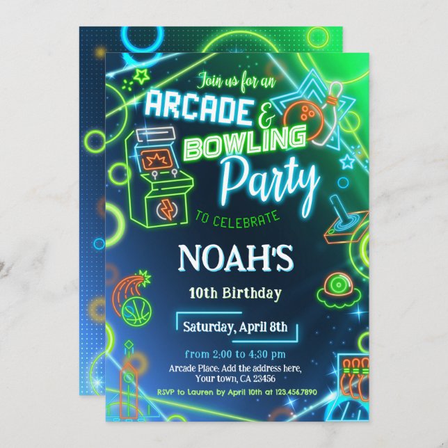 Arcade Bowling Glow Birthday Party Invitation (Front/Back)