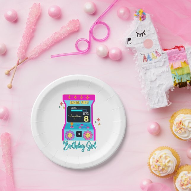 Arcade Game Retro Birthday Party Blue Pink Paper Plate (Party)