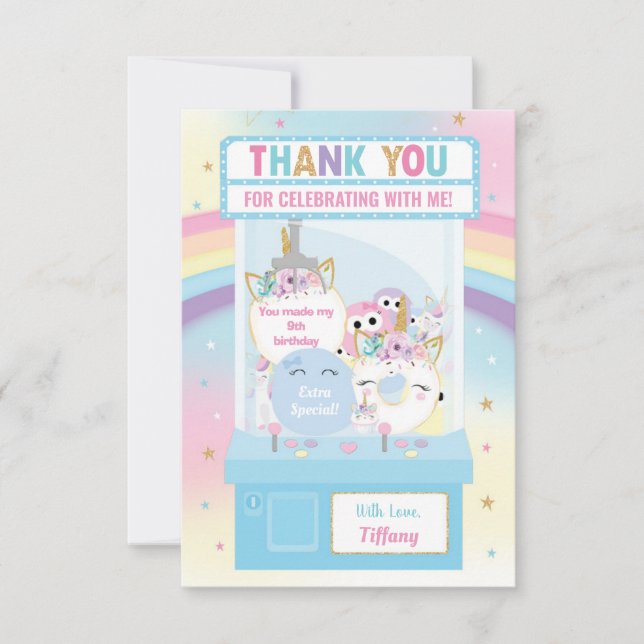 Arcade Girl Birthday Cute Blue Claw Machine  Thank You Card (Front)