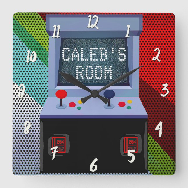 Arcade Video Game Joystick Personalised Bedroom Square Wall Clock (Front)