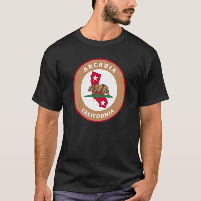 Arcadia California CA Flag and Bear Badge Souvenir T-Shirt (Front)