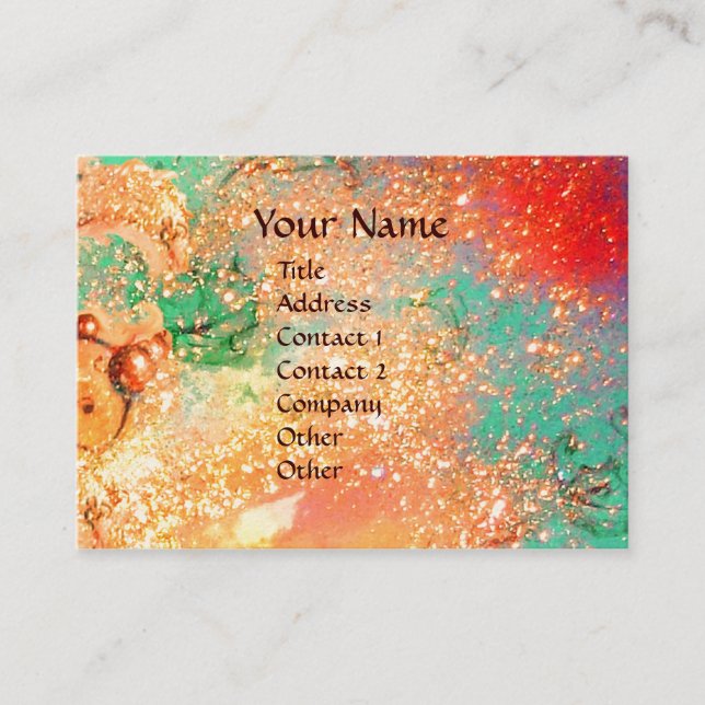 ARCADIA,MAGIC GOLD FLORAL SPARKLES  Red Pink Green Business Card (Front)