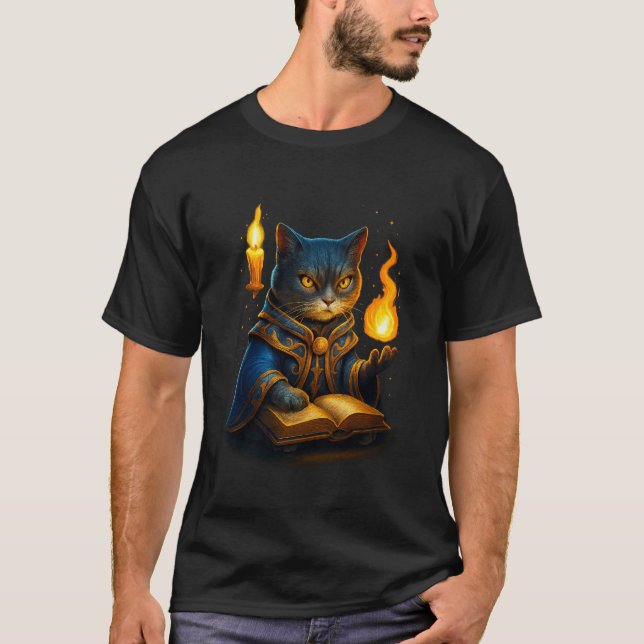 Arcane Wizard Cat – Flame Spellcaster T-Shirt (Front)