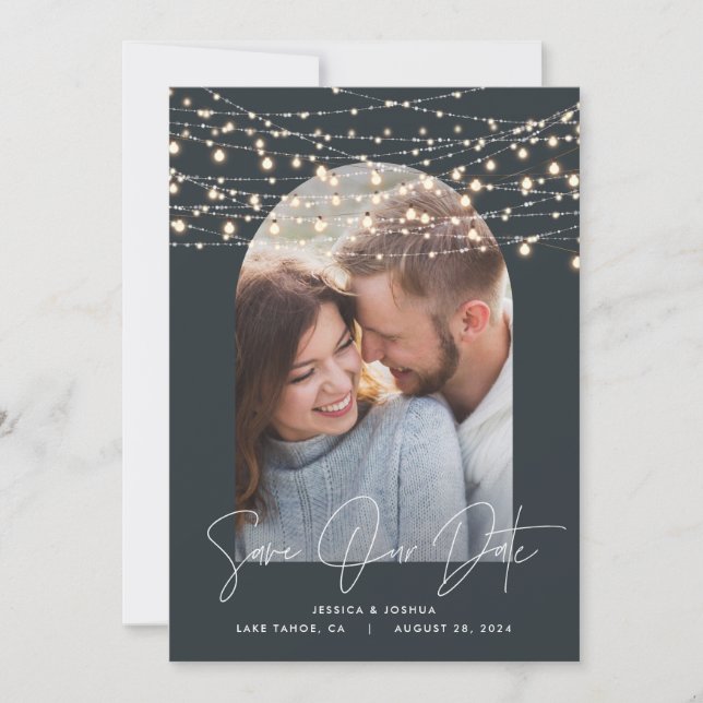 Arch 1 photo string light script modern wedding save the date (Front)