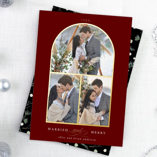 Arch 3 Photo Married and Merry Foil Holiday Card  (Front & Back)