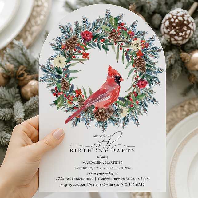 ARCH 80th Birthday Party Red Cardinal Wreath Invitation (Creator Uploaded)