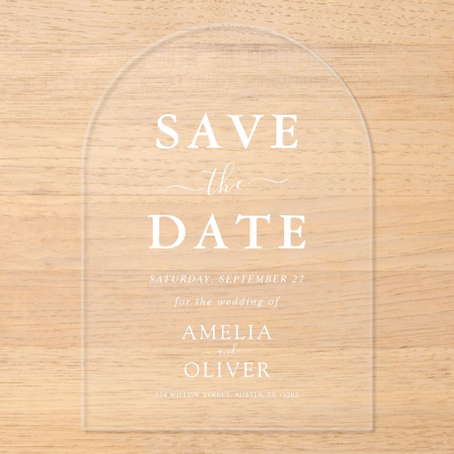 Arch Acrylic Chic White Text Wedding Save The Date Invitations (Front)