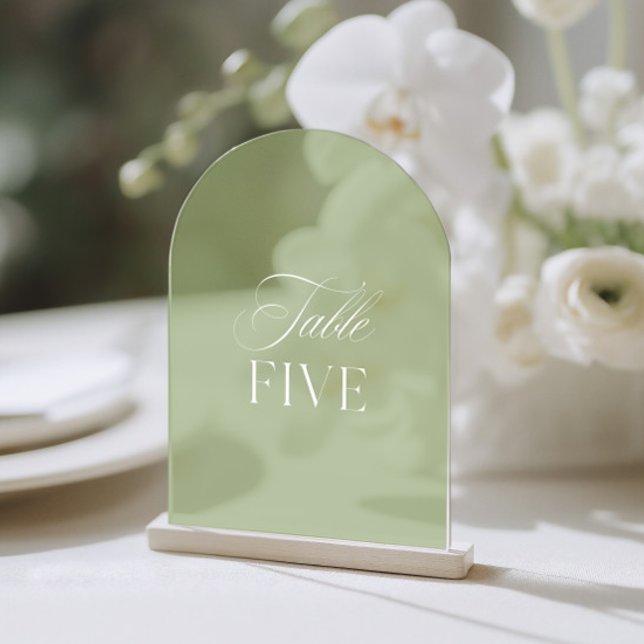 Arch Acrylic Sage Green Wedding Table Number (For other table numbers, see the full collection.
 Please note: Wood block stand is not included.)