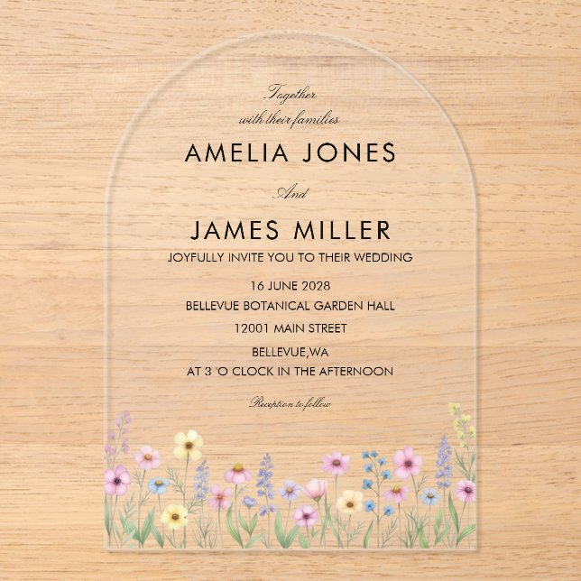 Arch Acrylic simple Colourful Wildflower Wedding  Invitations (Front)