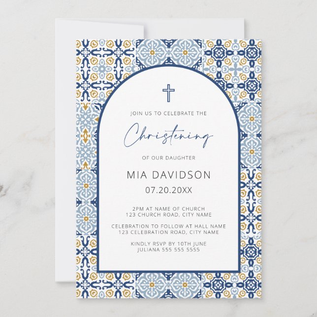 Arch Amalfi Tile Mediterranean Blue Christening Invitation (Front)