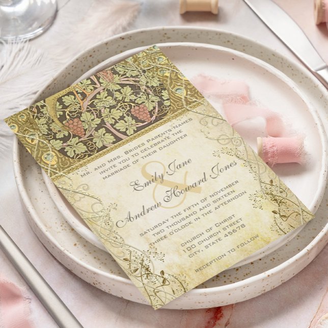 Arch Art Nouveau Peacock Cranberry Dust Wedding  Invitation (Creator Uploaded)