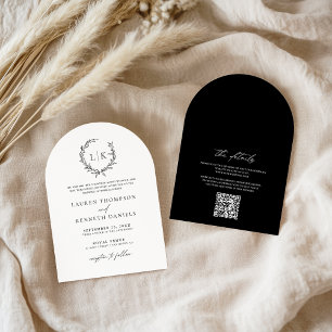 Arch Black White Monogram QR Code Classic Wedding Invitation