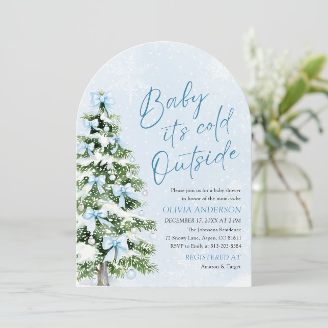 Arch Blue Bow Baby It's Cold Outside Baby Shower Invitation (Standing Front)