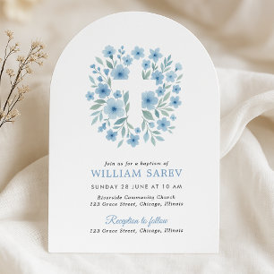 Arch Blue Floral Cross Boy Baptism Invite