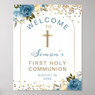 Arch Blue Gold Floral First Holy Communion Welcome Poster