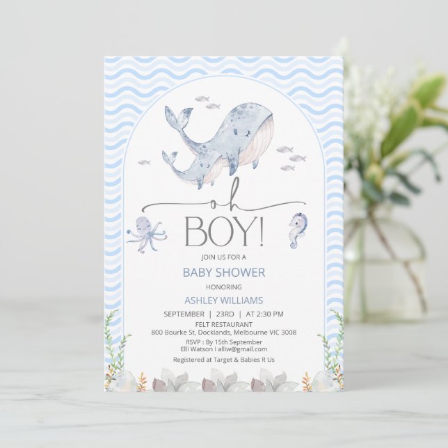 Arch Blue Oh Boy Under Sea Baby Shower Invitation (Standing Front)